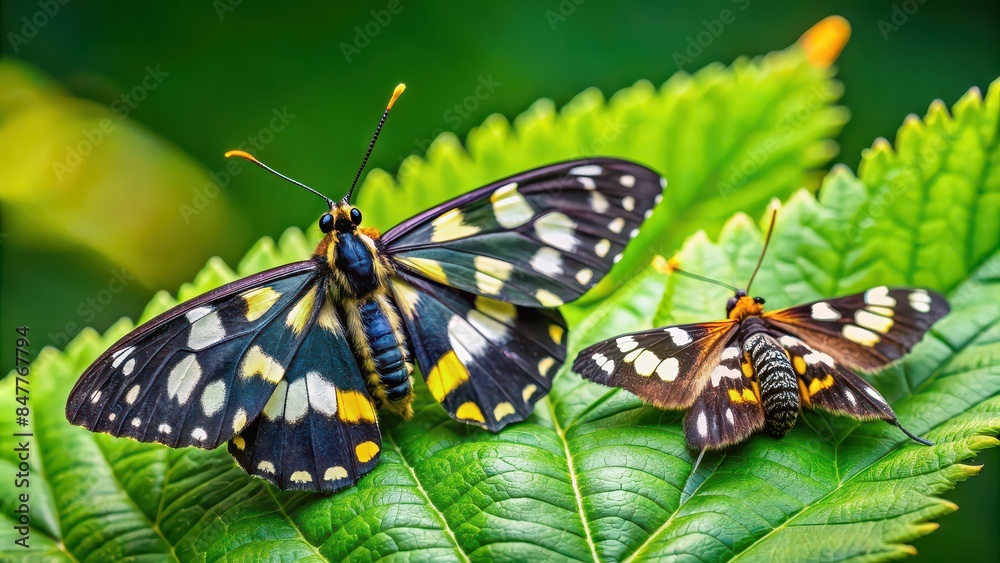 Nine-spotted moth on green leaf with pair of copulating butterflies in forest , nine-spotted moth, green leaf, yellow belted burnet, Amata phegea, Amata nigricornis, pair of butterflies Nine-spotted moth on green leaf with pair of copulating butterflies in forest , nine-spotted moth, green leaf, yellow belted burnet, Amata phegea, Amata nigricornis, pair of butterflies