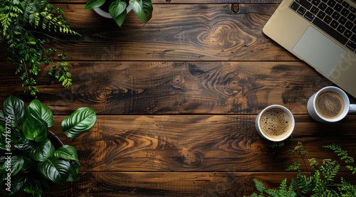 Laptop, Coffee, and Greenery on a Wooden Tabletop