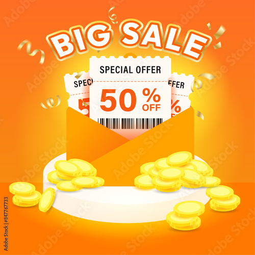 Big Sale Promotional Labels Template Set with Pop-Up Voucher Tickets in Envelope, 3D Product Podium, and Confetti. Template for business, discount shopping, sale promotion, and advertising.
