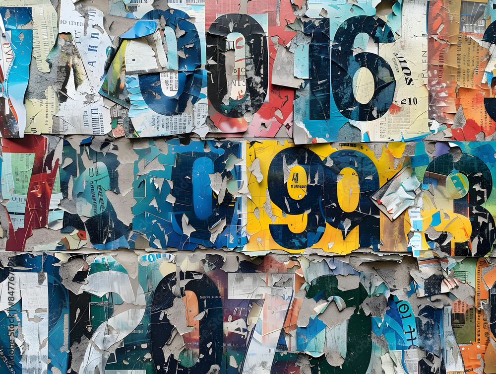 Collage of many numbers and letters ripped torn advertisement street ...