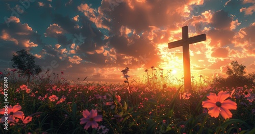 Wooden Cross Standing in a Field of Flowers at Sunset