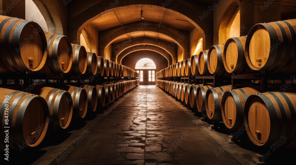 Wine cellar with wine barrels, modern and clean with oak barrels for aging and transport. Wine cellar with wine barrels, modern and clean with oak barrels for aging and transport.