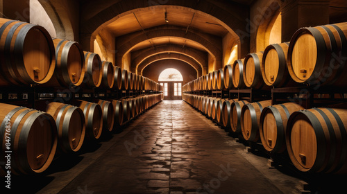 Wine cellar with wine barrels, modern and clean with oak barrels for aging and transport.
