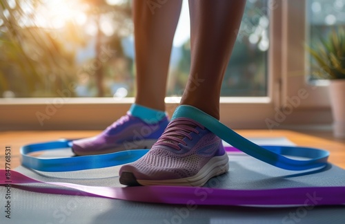 Closeup of a Runners Foot Stepping on a Blue Exercise Mat During a Workout