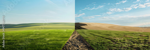 Contrast in Nature: A Border Between Bucolic Serenity and Arid Desolation Highlighting Two Divergent Landscapes photo
