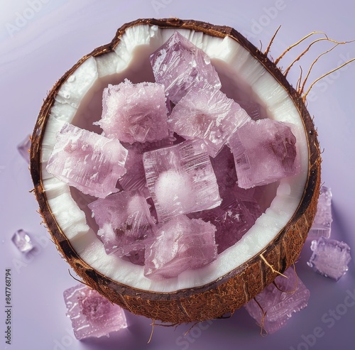 Pink Coconut Ice Cubes on Lavender Background