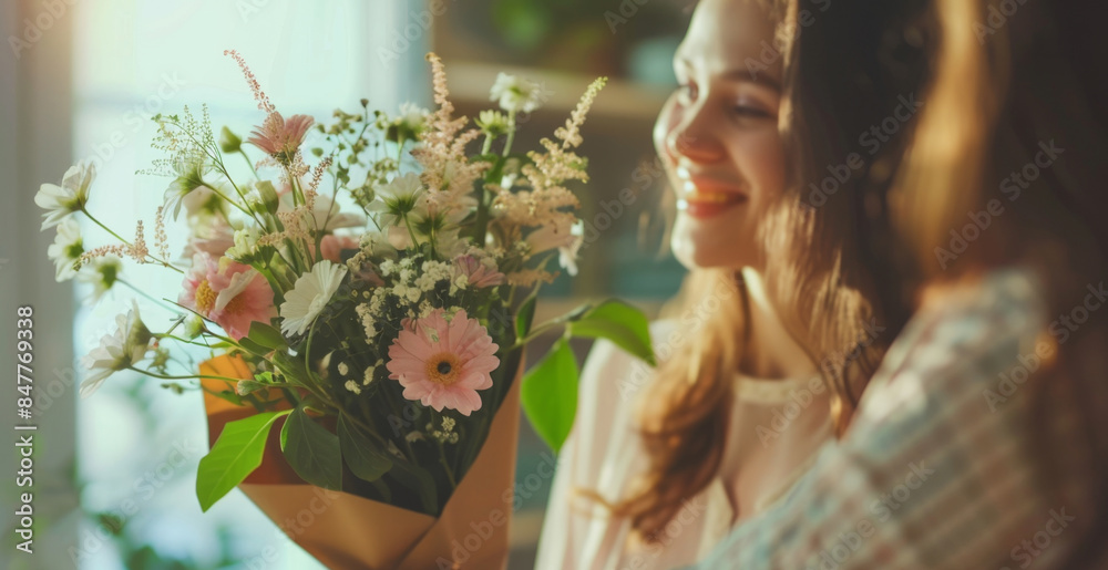 Flowers bouquet giving, daughter gifting happy woman bouquet of flowers, mother day celebration Flowers bouquet giving, daughter gifting happy woman bouquet of flowers, mother day celebration