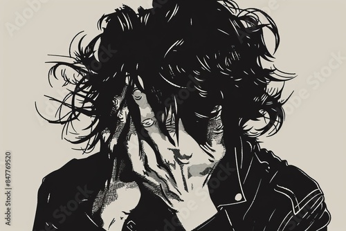 Facepalm man drawing, disappointment guy sketch, sad covering face with hands, messy hair portrait isolated