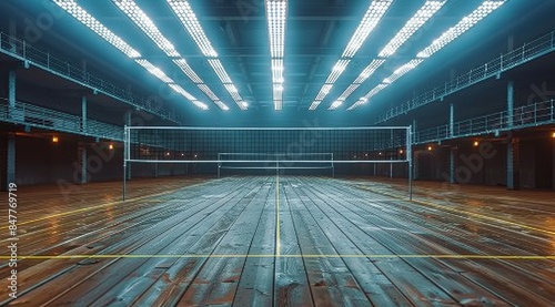 Empty Indoor Volleyball Court With Wooden Floor and White Lines