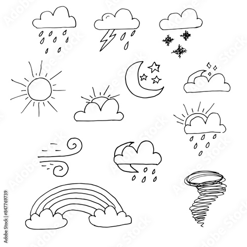 set of doodles weather conditions clouds rain, sun, wind, snow, thunderstorm, rainbow proskie on a white background handwritten with a black pen