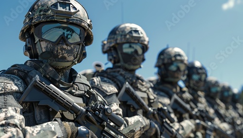 Armed Soldiers Standing in Formation on a Sunny Day