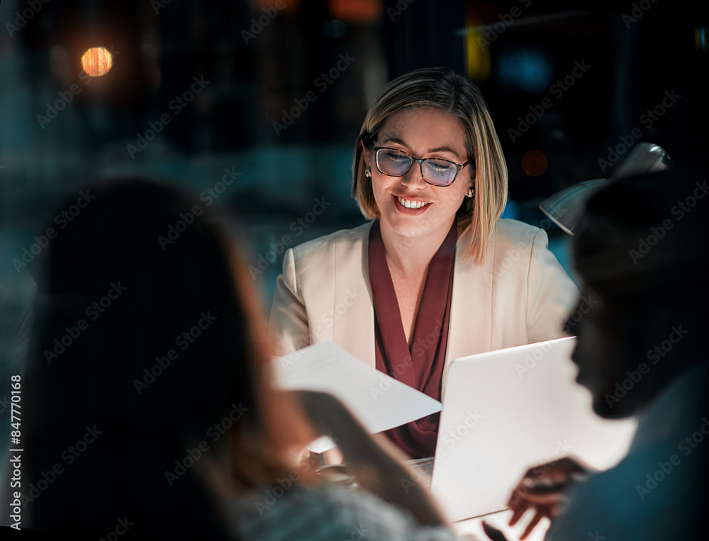 Smile, night and teamwork with laptop in office, meeting and deadline for project and planning. Collaboration, online and business people, proposal and computer for financial records in boardroom Smile, night and teamwork with laptop in office, meeting and deadline for project and planning. Collaboration, online and business people, proposal and computer for financial records in boardroom