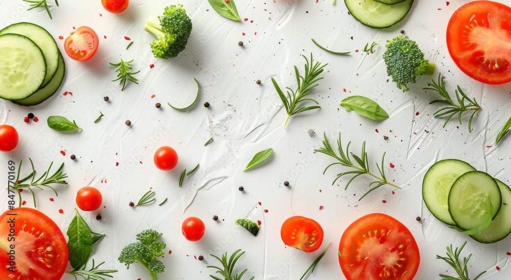 Fresh Broccoli, Tomatoes, Cucumber, and Rosemary Sprouts on White Background Fresh Broccoli, Tomatoes, Cucumber, and Rosemary Sprouts on White Background
