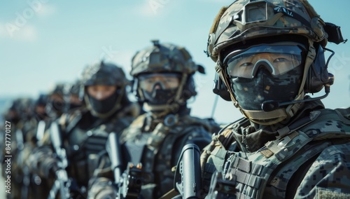 Armed Soldiers Standing in Formation on a Sunny Day