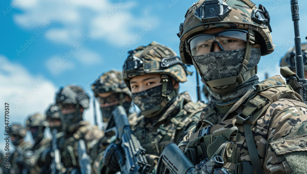 Armed Soldiers Standing in Formation on a Sunny Day Armed Soldiers Standing in Formation on a Sunny Day