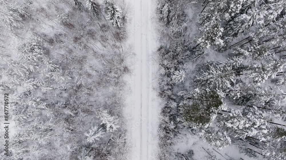 Drone facing downwards and flying along empty snowy winter road in Sweden Drone facing downwards and flying along empty snowy winter road in Sweden