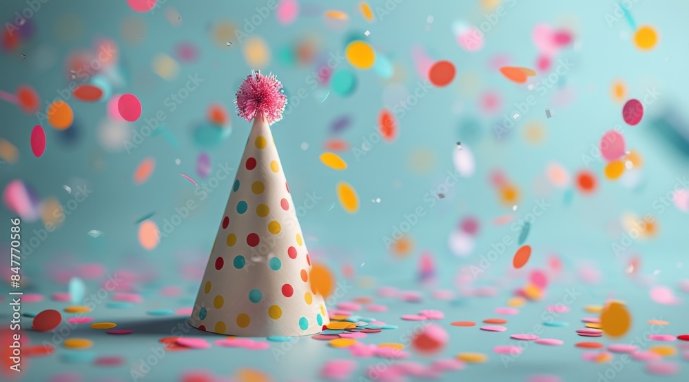 Colorful Party Hat With Confetti Falling On Blue Background Colorful Party Hat With Confetti Falling On Blue Background