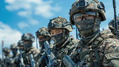 Armed Soldiers Standing in Formation on a Sunny Day