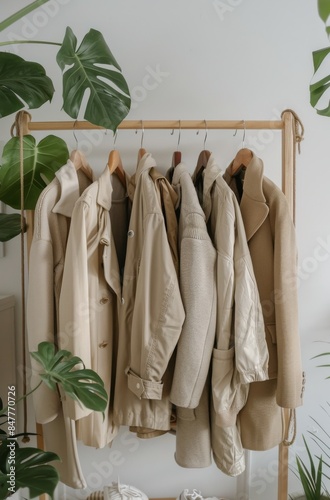 A Row of Cream Knit Sweaters Hanging on a Wooden Rail
