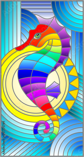Illustration in stained glass style with fabulous abstract fish seahorse, rainbow fish on blue background