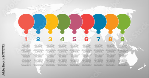 Nine steps line infographic, puzzle template