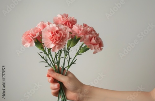 Hand Holding a Bouquet of Pink Carnations Against a White Background