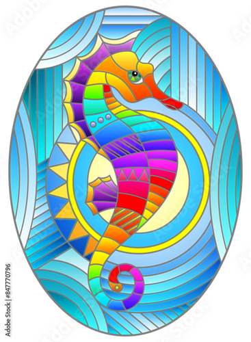 An illustration in stained glass style with fabulous abstract fish seahorse, rainbow fish on blue background