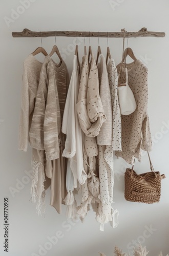 White and Beige Knit Sweaters and Shirts Hanging on a Wooden Branch