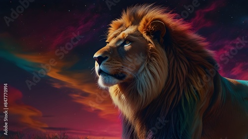 a strong lion with a colorful sky behind it, background wallpaper, proud lion