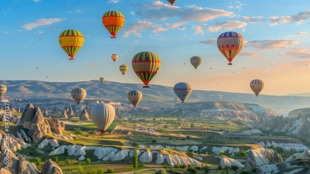 Fototapeta premium Landscape Photography, numerous hot air balloons floating over a rocky landscape, wide angle, natural light, colorful balloons against a clear sky, Cappadocia location, sunny weather, serene mood.
