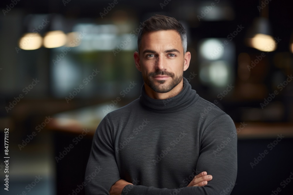 Portrait of a content man in his 30s dressed in a comfy fleece pullover isolated in sophisticated corporate office background Portrait of a content man in his 30s dressed in a comfy fleece pullover isolated in sophisticated corporate office background