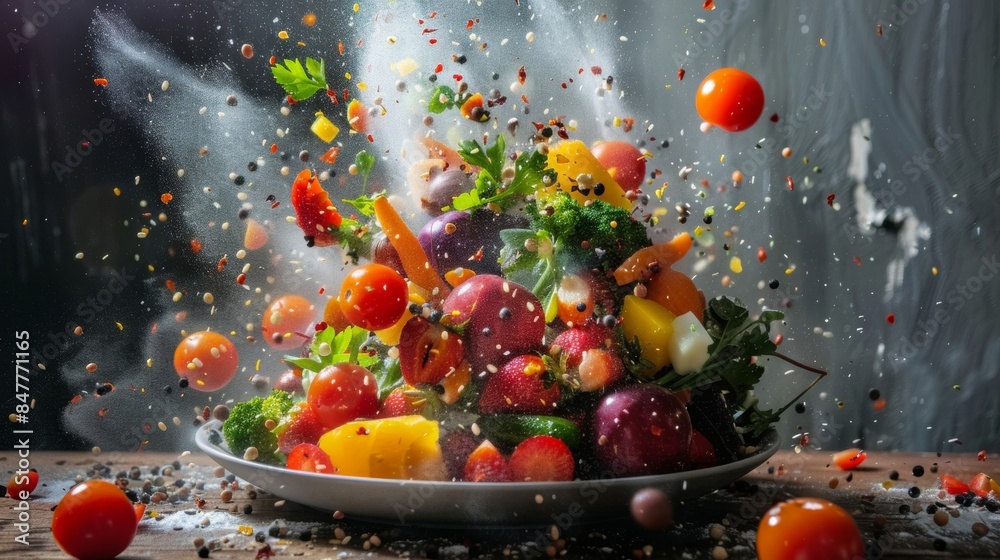 Vibrant assortment of fruits and vegetables exploding from a colorful food bomb Vibrant assortment of fruits and vegetables exploding from a colorful food bomb