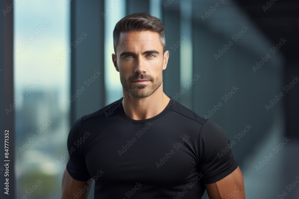 Portrait of a tender man in his 30s sporting a breathable mesh jersey in sophisticated corporate office background Portrait of a tender man in his 30s sporting a breathable mesh jersey in sophisticated corporate office background
