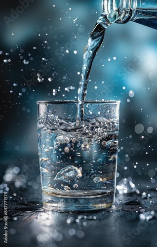 Water Pouring Into Glass on Dark Blue Background