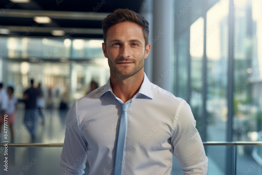 Portrait of a joyful man in his 30s sporting a breathable mesh jersey in front of sophisticated corporate office background Portrait of a joyful man in his 30s sporting a breathable mesh jersey in front of sophisticated corporate office background