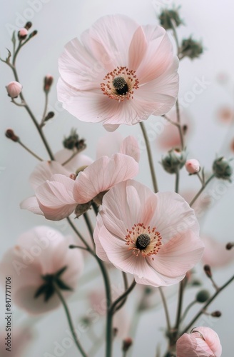 Pink Poppy Flowers in Bloom Against a White Background