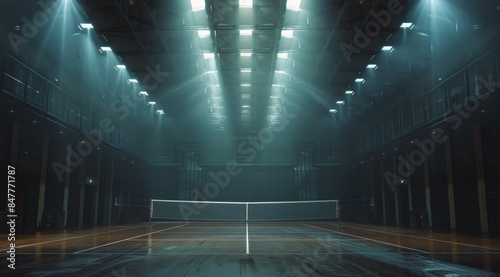 Empty Indoor Tennis Court With Spotlights in the Evening