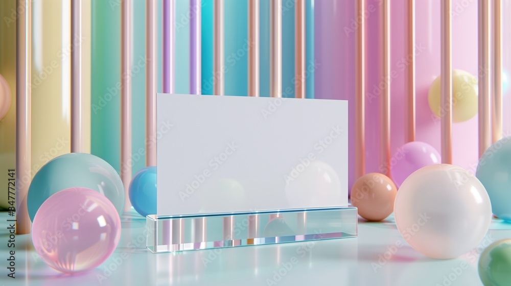 Blank white sign mockup on clear acrylic base surrounded by pastel spheres. Paper blank template advertising image. Vertical pastel stripes. Businesscard mock up product photorealistic