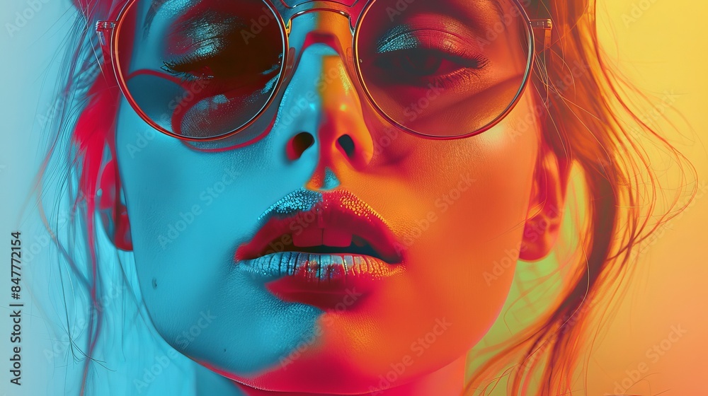 Stylish poster with a photo of a model in sunglasses. The background uses popular retro colors. Created digitally. Stylish poster with a photo of a model in sunglasses. The background uses popular retro colors. Created digitally.