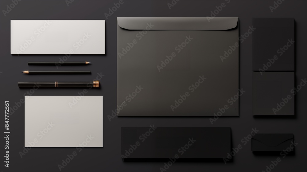 Flatlay of black white corporate stationary mockup on dark gray backdrop. Organized layout template advertising image. Business essentials. Office supplies mock up products realistic Flatlay of black white corporate stationary mockup on dark gray backdrop. Organized layout template advertising image. Business essentials. Office supplies mock up products realistic