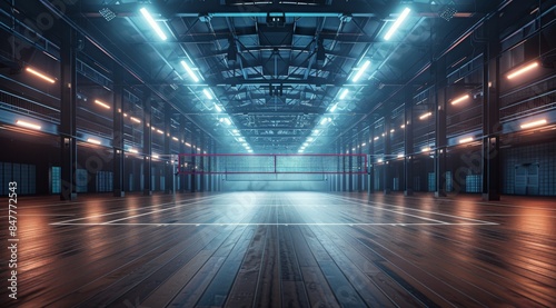 Empty Indoor Volleyball Court With Wooden Floor and White Lines