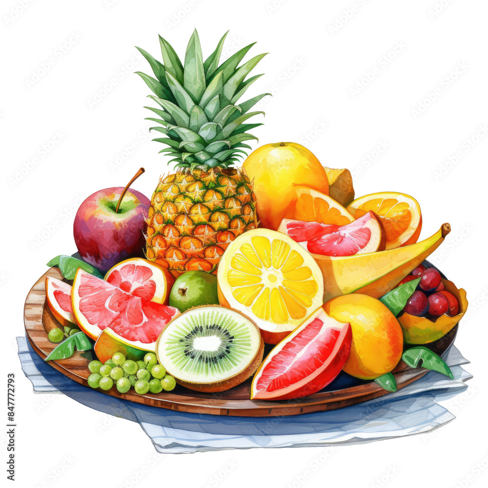 A vibrant assortment of fresh tropical fruits including pineapple, citrus, and berries, arranged on a wooden platter. A vibrant assortment of fresh tropical fruits including pineapple, citrus, and berries, arranged on a wooden platter.
