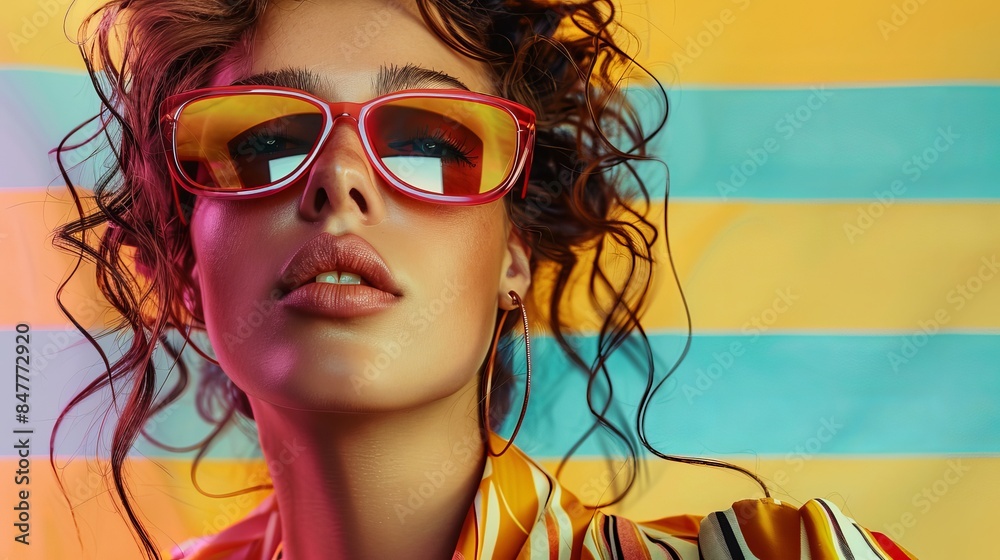 Stylish poster with a photo of a model in sunglasses. The background uses popular retro colors. Created digitally. Stylish poster with a photo of a model in sunglasses. The background uses popular retro colors. Created digitally.