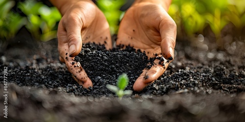 Applying Biochar to Soil for Sustainable Soil Management. Concept Biochar Benefits, Soil Health, Agricultural Practices, Carbon Sequestration, Sustainable Farming photo