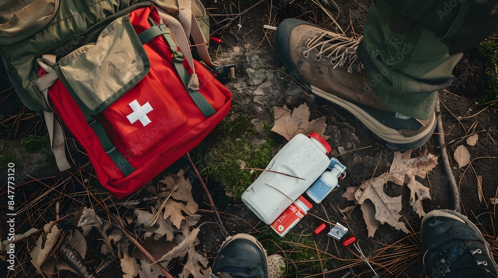 Obraz premium Top view of a first aid kit lying on the ground at the feet, showing a red bag of medicines as part of camping equipment for forest survival