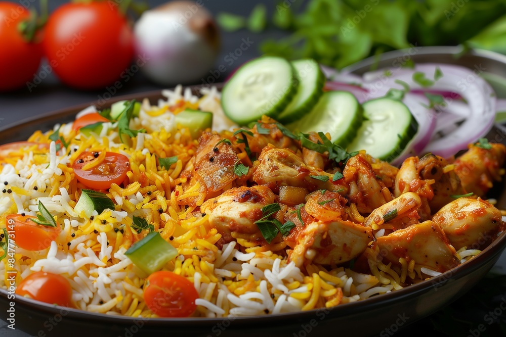 A visually stunning capture of Chicken Biryani, with perfectly separated grains of rice and richly spiced chicken pieces, served with a refreshing salad of tomatoes, cucumbers, and onions. A visually stunning capture of Chicken Biryani, with perfectly separated grains of rice and richly spiced chicken pieces, served with a refreshing salad of tomatoes, cucumbers, and onions.