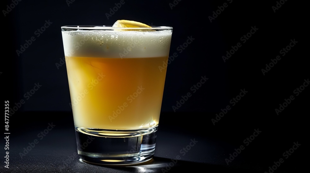 **Whiskey sour with foam in glass against black background** **Whiskey sour with foam in glass against black background**