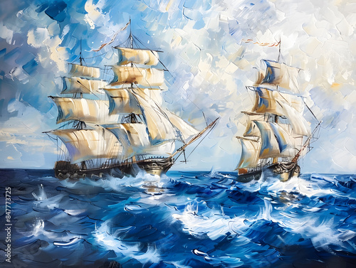 Fight of two military sailing ships at sea Oil color painting. Generative AI.