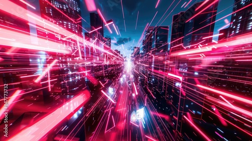 Futuristic cityscape, neon lights, high-speed perspective, vibrant night scene, abstract digital art, cyberpunk aesthetic, urban energy, sci-fi vision © Simon