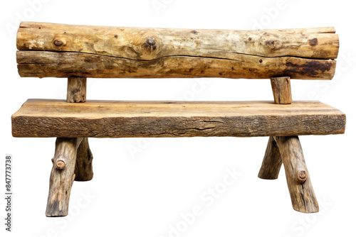 ancient rural bench from logs isolated over white background